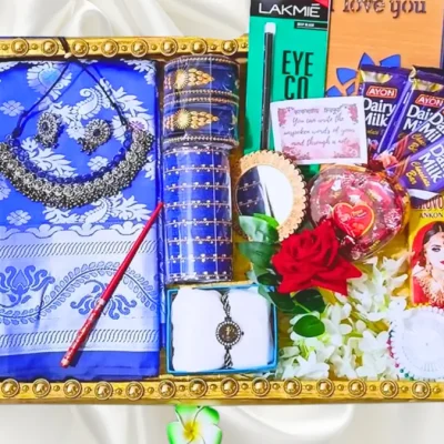 blue katan saree combo ,