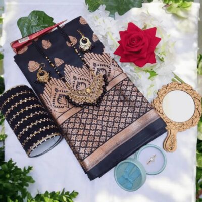 Black Katan Saree combo. কালো শাড়ির গিফট প্যাকেজ