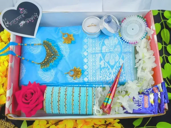 Sky Blue Katan Shari Combo – আকাশী কাতান শাড়ি